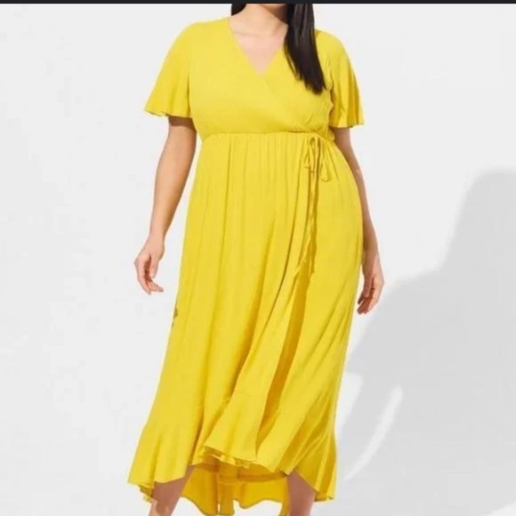 Torrid maxi rayon slub surplice wrap dress in yellow - Picture 1 of 9
